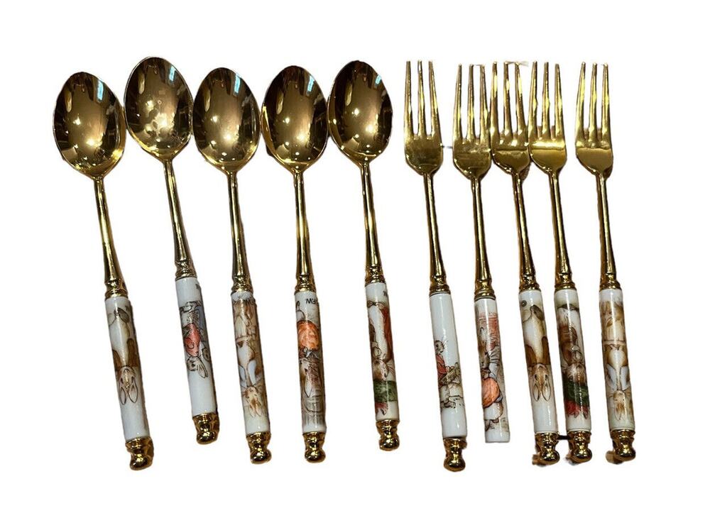 VTG Asahi Beatrix Potter Peter Rabbit Gold Spoons Forks 10 Pieces Warne Shoten